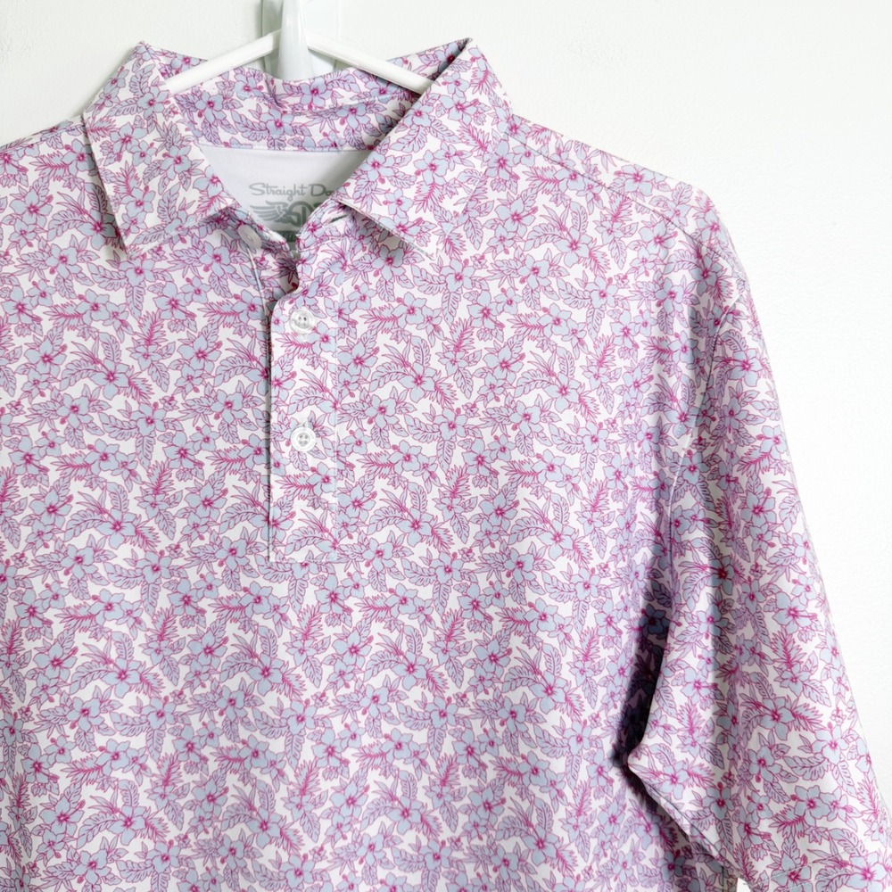 Straight Down Polo Shirt Mens Small Pink Floral Performance Short Sleeve